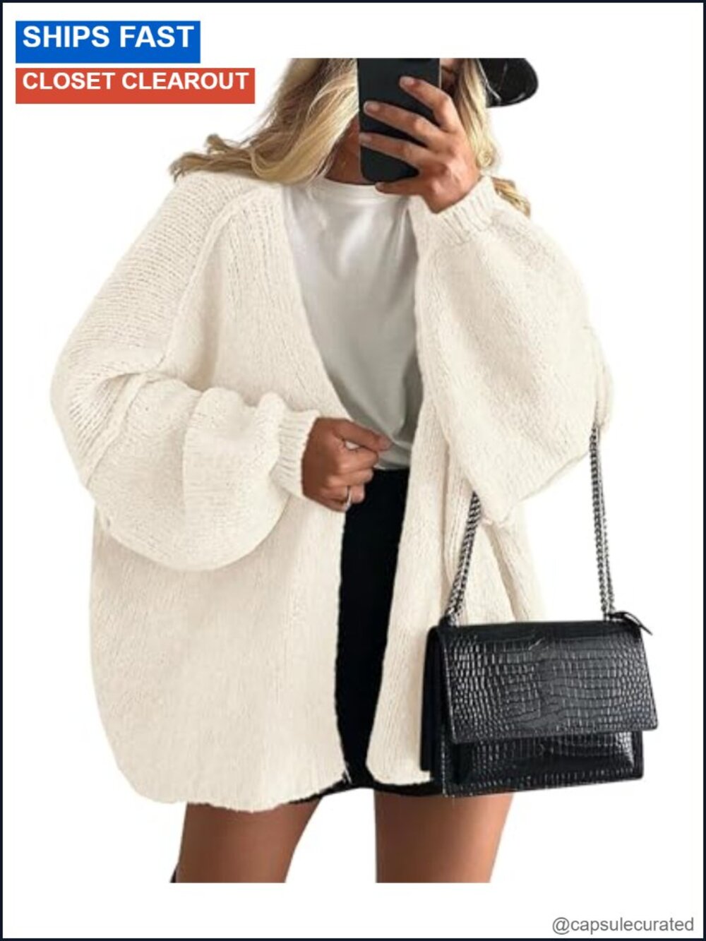 Open Front Oversized Cardigan Slouchy Lantern Sleeve Knit Sweater